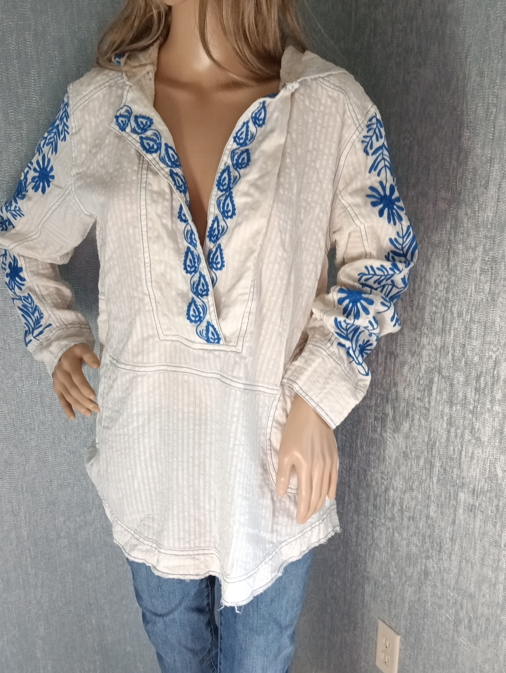 We The Free Cream Tunic with Blue Floral Embroidery